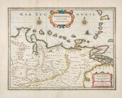 Antique Maps, Hondius, South America, Venezuela, 1633: Venezuela, cum parte Australi Novae Andalusiae.