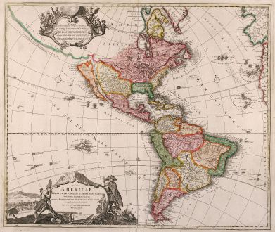 Antike Landkarten, Homann, Amerika Kontinent, Kalifornien Insel, 1710: Totius Americae Septentrionalis et Meridionalis Novisima Representatio