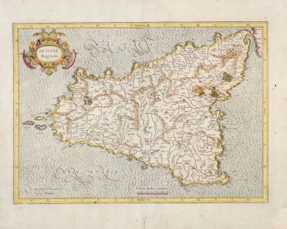 Antike Landkarten, Mercator, Italien, Sicilia, Sizilien, 1633: Siciliae Regnum