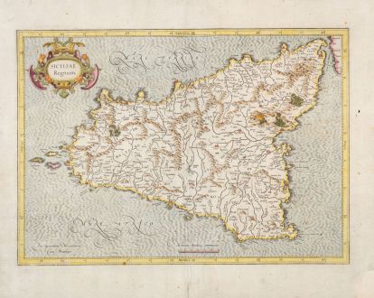 Antike Landkarten, Mercator, Italien, Sicilia, Sizilien, 1633: Siciliae Regnum