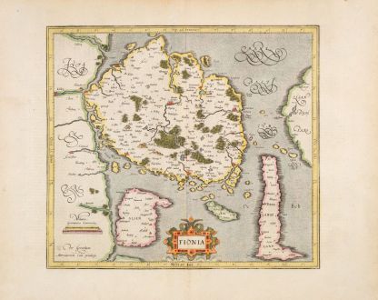 Antike Landkarten, Mercator, Dänemark, Fünen, 1633: Fionia