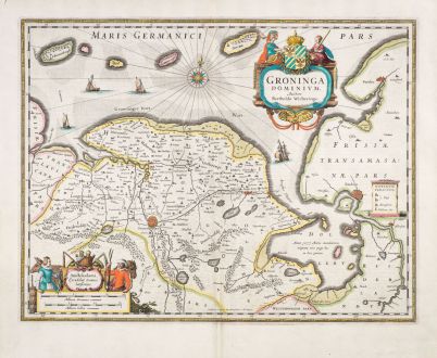 Antique Maps, Janssonius, Netherlands, Groningen, Friesland, 1633: Groninga dominium