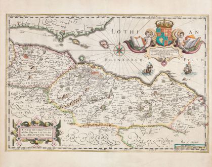 Antike Landkarten, Hondius, Schottland, Lothian, 1633: A New Description of the Shyres Lothian and Linlitquo. Be T. Pont.