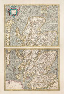 Antike Landkarten, Mercator, Britische Inseln, Schottland, 1633: Scotiae Regnum [2 Maps, North and South Scotland]