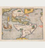 Kolorierte Holzschnitt-Landkarte von Amerika. Gedruckt bei Heinrich Petri im Jahre 1578 in Basel.