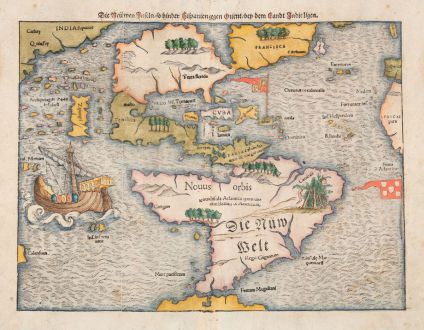 Antique Maps, Münster, America Continent, 1540 (1578): Die neüwen Inseln, so hinder Hispanien gegen Orient, bey dem Landt Indie ligen.