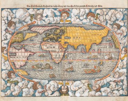 Antike Landkarten, Münster, Weltkarte, 1550 [1578]: Das Erst General, inhaltend die beschreibung und den Circkel des gantzen Erdtrichs und Möre