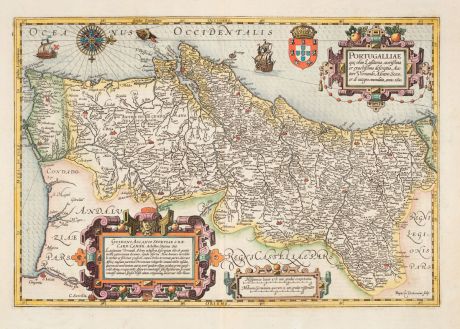 Antique Maps, Hondius, Spain - Portugal, 1633: Portugalliae que olim Lusitania, novißima et exactißima descriptio, Auctore Vernando Alvaro Secco