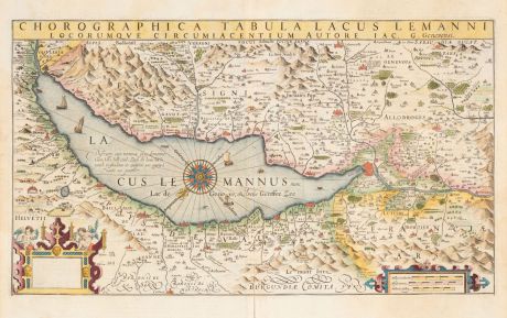 Antike Landkarten, Hondius, Schweiz, Genfersee, Lac Leman, 1633: Chorographica Tabula Lacus Lemanni Locorumque Circumiacentium Auctore Iac. G. Genevensi
