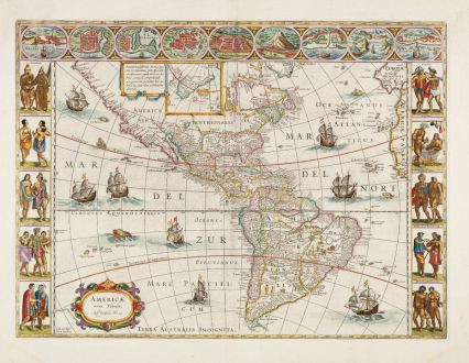 Antique Maps, Blaeu, America Continent, 1645-65: Americae nova Tabula