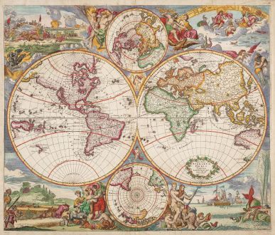 Antike Landkarten, Danckerts, Weltkarte, 1685: Nova Totius Terrarum Orbis Tabula Amstelodami per I. Danckerts cum Privil.