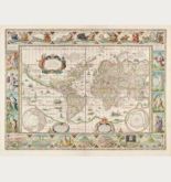 Old coloured world map with borders by Willem J. Blaeu. Published 1643 in Amsterdam.