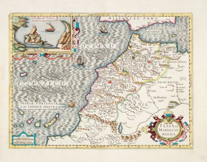 Antike Landkarten, Hondius, Nordafrika, Kanaren, Madeira, Marokko, 1633: Fessae et Marocchi Regna