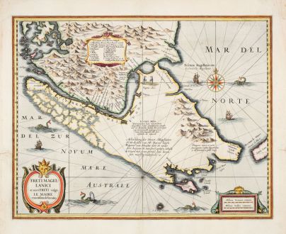 Antique Maps, Hondius, South America, Tierra del Fuego, Strait of Magellan: Freti Magellanici ac Novi Freti vulgo Le Maire Exactissima Delineatio
