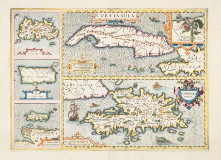 Antique Maps, Hondius, Central America - Caribbean, Puerto Rico, Jamaica, Cuba: Cuba Insula / Hispaniola Insula / Insula Iamaica / Ins. S. Ioannis / I.S. Margareta cum Confiniis