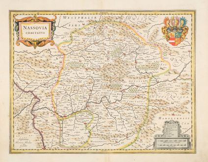 Antike Landkarten, Hondius, Nordrhein-Westfalen, Nassau, 1633: Nassovia Comitatus