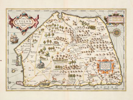 Antique Maps, Hondius, India, Ceylon, Sri Lanka, 1633: Ins. Ceilan quae Incolis Tenarisin Dicitur