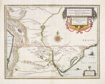 Antike Landkarten, Janssonius, Südamerika, La Plata-Becken, Paraguay, 1633: Paraguay, o Prov. de Rio de la Plata cum Regionibus Adiacentibus Tucuman et Sta. Cruz de la Sierra