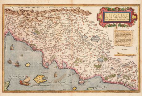 Antike Landkarten, Ortelius, Italien, Toskana, 1573: Thusciae Descriptio Auctore Hieronymo Bellarmato.