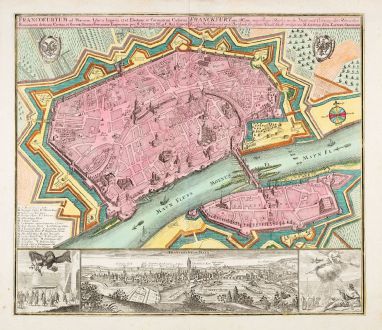 Antike Landkarten, Seutter, Hessen, Frankfurt, 1730: Franckfurt am Mayn, eine Freye Reichs zu der Wahl und Crönung der Römischen Kayser Bestimte und weit Berühmte florissante...