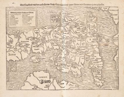 Antike Landkarten, Münster, Britische Inseln, England, 1540 [1578]: Das Engelland mit dem Anstossenden Reich Schottland so vor zeiten Albion und Britannia haben geheissen.