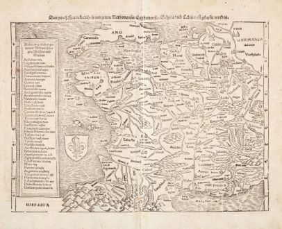Antique Maps, Münster, France, 1540 (1578): Das gantz Franckreich, so vor zeiten Gallia Narbonensis, Lugdunensis, Belgica und Celtica ist genent worden.