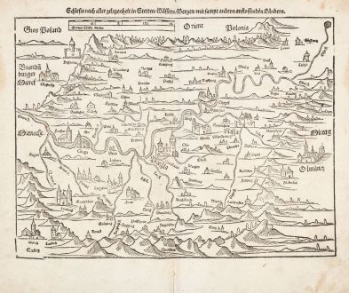 Antike Landkarten, Münster, Polen, Schlesien, 1578: Schlesia nach aller gelegenheit in Wassern, Stetten, Bergen, mit sampt andern anstossenden Ländern.