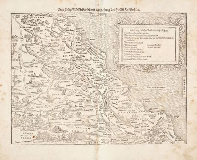 Antike Landkarten, Münster, Heiliges Land, Israel, 1540 [1578]: Das Heilig Judischland mit ausztheilung der Zwolff Geschlechter