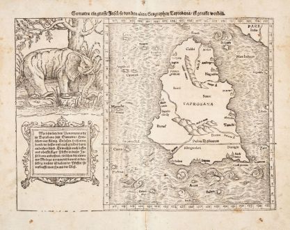 Antique Maps, Münster, Indien, Ceylon, Sri Lanka, Taprobana, 1540 [1578]: Sumatra ein grosse Insel, so von den alten Geographen Taprobana, ist genent worden