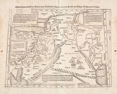 Antike Landkarten, Münster, Heiliges Land, Israel, Syrien, Palästina, Zypern: Cyria / Cypern / Palestina / Mesopotamia / Babylonia / Chaldea und zwey Arabia mit Bergen Wassern und Stetten