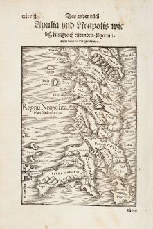 Antique Maps, Münster, Italy, Napoli, Southern Italy, 1578: Regnu Neapolita.