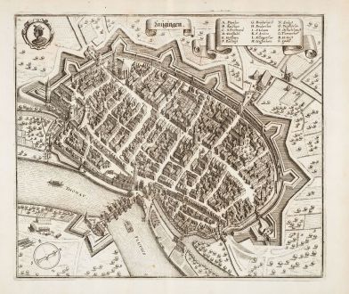 Antike Landkarten, Merian, Bayern, Lauingen (Donau), 1643: Laugingen