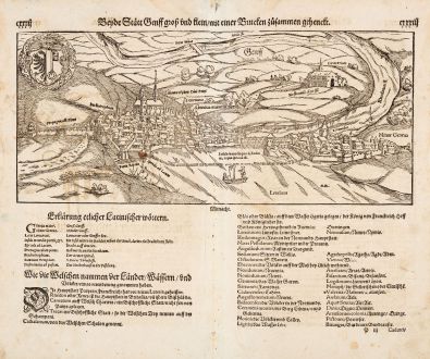 Antike Landkarten, Münster, Schweiz, Genf (Geneve), 1578: Beyde Stätt Genff, gross und klein, mit einer Brucken zusammen gehenckt.