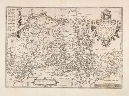 Antike Landkarten, Ortelius, Deutschland, Niedersachsen, Nordrhein-Westfalen: Westphaliae Totius, Finitimarumque Regionum Accurata Descriptio