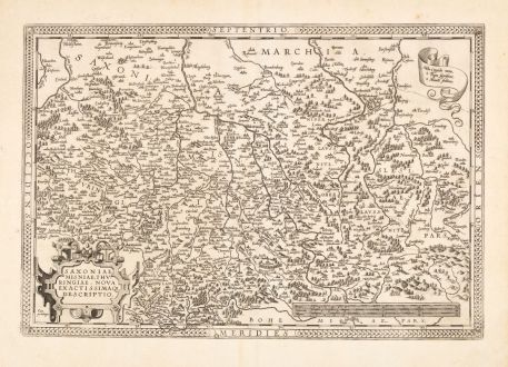 Antike Landkarten, Ortelius, Deutschland, Thüringen, Sachsen-Anhalt, Sachsen: Saxoniae, Misniae, Thuringiae, Nova Exactissimaq. Descriptio
