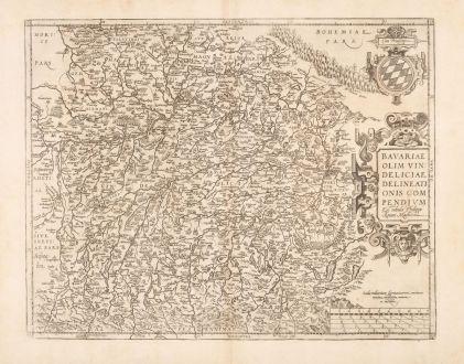 Antike Landkarten, Ortelius, Deutschland, Bayern, 1592: Bavariae olim Vindeliciae, Delineationis Compendium ex Tabula Philippi Apiani Math.