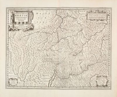 Antike Landkarten, Mercator, Schweiz, Graubünden, 1633: Alpinae seu Foederatae Rhaetiae Subditarumque ei Terrarum nova descriptio...