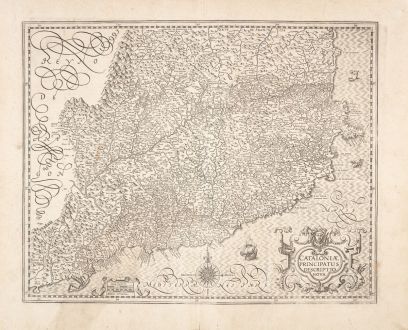 Antike Landkarten, Hondius, Spanien - Portugal, Catalunya, Katalonien, 1633: Cataloniae Principatus Descriptio Nova