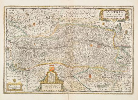 Antike Landkarten, Janssonius, Österreich - Ungarn, Oberösterreich, Niederösterreich: Austria Archiducatus Auctore Wolfgango Lazio.