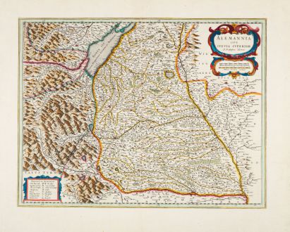 Antike Landkarten, Blaeu, Deutschland, Baden-Württemberg, 1638: Alemannia sive Suevia Superior A. Christophoro Hurtero.