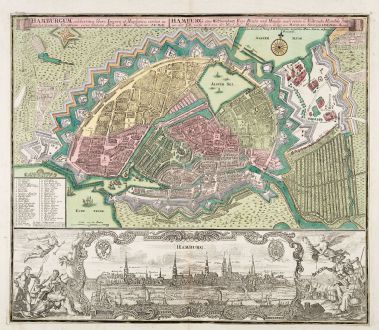 Antike Landkarten, Seutter, Deutschland, Hamburg, 1730: Hamburg eine Weltberühmte Freye Reichs und Hansee, auch reiche u. Volkreiche Handels Statt an der Elb, nicht weit von der...