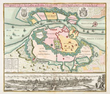 Antike Landkarten, Seutter, Dänemark, Kopenhagen, 1730: Coppenhagen die Königl. Dänische Haupt und Residentz Stadt - Plan de Coppenhague, Capitale et Residence du Roy de...