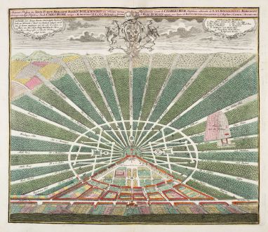Antike Landkarten, Seutter, Baden-Württemberg, Karlsruhe, 1730: Accurater Prospect der... Stadt Carls Ruhe - Representation exacte de Charles Ruh...