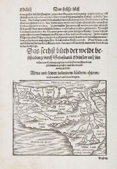 Antike Landkarten, Münster, Afrika Kontinent, 1574: Affrica mit seinen besundern laendern, thieren, und wunderbarlichen dingen.