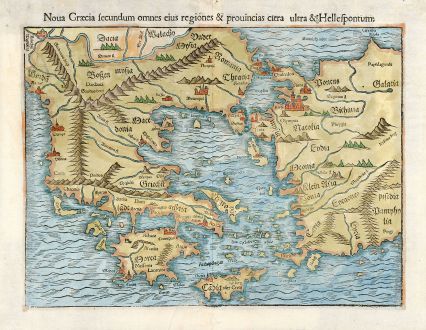 Antike Landkarten, Münster, Griechenland, Türkei, 1550: Noua Graecia secundum omnes eius regiones & prouincias citra ultra & Hellespontum