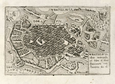 Antique Maps, Valegio, Poland, Wroclaw, 1600: Wratislavia silesie metropolis ad Odra et olaue Fluuiorum con fluentern sita est