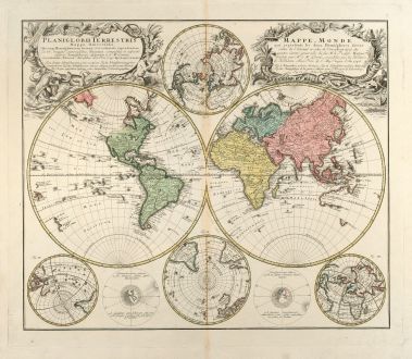 Antike Landkarten, Homann Erben, Weltkarte, 1746: Planiglobii Terrestris Mappa Universalis Utrumq Hemisphaerium Orient et Occidentale repraesentans, Erx IV mappis generalibus...