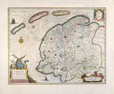 Antike Landkarten, Janssonius, Niederlande, Holland, Friesland, 1666: Frisia Occidentalis, Auctoribus Adriano Metio et Gerardo Freitag.