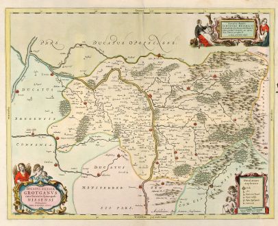 Antike Landkarten, Janssonius, Polen, Neisse, Grottkau, 1680: Ducatus Silesiae Grotganus cum Districtu Episcopali Nissensi Delineatore Iona Sculteto, Silesio.