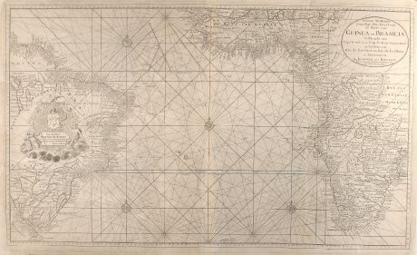 Antique Maps, van Keulen, Atlantic Ocean, Sea Chart, Africa, South America: Nieuwe Wassende Graadige Pas-kaart van de Kust van Guinea en Brasilia strekkende van Cap-Verde tot de Cap de Bon-Esperance...